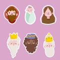 Happy epiphany, three wise kings mary jospeg and baby jesus faces stickers Royalty Free Stock Photo