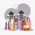 Happy epiphany, three wise kings mary jospeh and baby in city of bethlehem