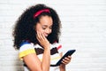 Happy Euphoric Girl Woman Reading Good News On Mobile Telephone Royalty Free Stock Photo