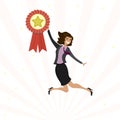 Happy european businesswoman or office worker in jump. Successful female employee holds winner medal. Award ceremony for winners