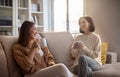 Happy european young women in casual with cups drink coffee, communication, sit on sofa in living room