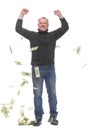 happy excited businessman raising hands up and looking up under money rain Royalty Free Stock Photo