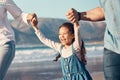 Happy, excited and a child running at the beach on a family vacation, holiday or adventure in summer. Young girl kid Royalty Free Stock Photo