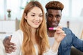 happy excited couple making positive pregnancy test Royalty Free Stock Photo