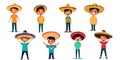 Happy excited joyful tween boy Mexican hat standing vector graphics illustration