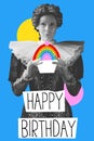 Happy and excited medieval royal person,. queen holding birthday cake Creative design. Poster