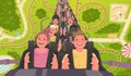 Happy and excited people ride a roller coaster. Amusement park with attractions. Vector illustration Royalty Free Stock Photo