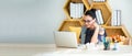 Happy excited successful Beautiful businesswoman triumphing in modern office with laptop, success happy pose Royalty Free Stock Photo