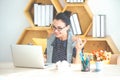 Happy excited successful Beautiful businesswoman triumphing in modern office with laptop, success happy pose Royalty Free Stock Photo