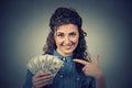 Happy excited successful young business woman holding money dollar bills Royalty Free Stock Photo