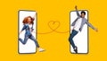 Happy excited young black guy and european redhead lady jumping from big phone with blank screen