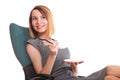Happy excited young businesswoman, relaxing in office chair, rel Royalty Free Stock Photo