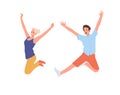 Happy young man and woman cartoon characters jumping feeling positive emotion joyfully cheering