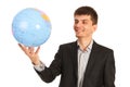 Happy executive man holding world globe Royalty Free Stock Photo