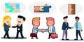 Happy executives shake hands with puzzle fitting speech bubble vector graphics Royalty Free Stock Photo