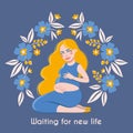 Happy expectant mother. Greeting card with pregnant beautiful Woman in frame with flowers