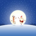 Happy expresion of Santa Claus and Reindeer on blue night moonlight winter landscape Royalty Free Stock Photo