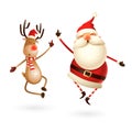 Happy expresion of Santa Claus and Reindeer - they jumping straight up and bring their heels clapping together right under