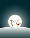 Happy expresion of Santa Claus and Reindeer on winter landscape with moonlight - Christmas poster Royalty Free Stock Photo