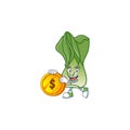 Happy face bok choy cartoon character with gold coin