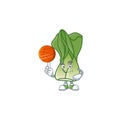 Happy face bok choy cartoon character playing basketball