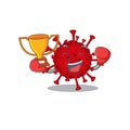 Happy face of boxing winner betacoronavirus in mascot design style Royalty Free Stock Photo