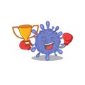 Happy face of boxing winner biohazard viruscorona in mascot design style Royalty Free Stock Photo