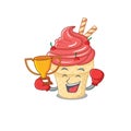Happy face of boxing winner cherry ice cream in mascot design style