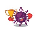 Happy face of boxing winner coronavirus kidney failure in mascot design style