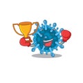 Happy face of boxing winner microscopic corona virus in mascot design style Royalty Free Stock Photo