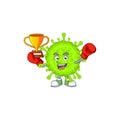 Happy face of boxing winner orthocoronavirinae in mascot design style Royalty Free Stock Photo