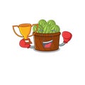 Happy face of boxing winner watermelon fruit basket in mascot design style Royalty Free Stock Photo