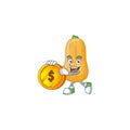 Happy face butternut squash cartoon character with gold coin