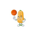 Happy face butternut squash cartoon character playing basketball