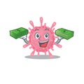 Happy face corona virus germ character having money on hands