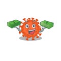 Happy face electron microscope coronavirus character having money on hands