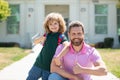 Happy face. Father and son with thumbs up sign after come back from school. School, family, education and outdoor. Royalty Free Stock Photo