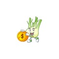 Happy face fennel cartoon character with gold coin