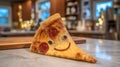 Happy Face Pepperoni Pizza Slice with Kitchen Bokeh Lights Royalty Free Stock Photo