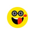 Happy face smiling emoji with open mouth and sunglasses. Funny Smile flat tyle. Cute Emoticon symbol. Smiley, laugh icon