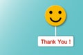 Happy face with thank you message for card, presentation, business. Expressing gratitude.