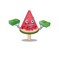 Happy face watermelon ice cream character having money on hands Royalty Free Stock Photo