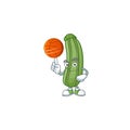 Happy face zucchini cartoon character playing basketball