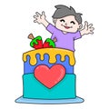 Happy faced boy with big birthday cake, doodle icon image kawaii Royalty Free Stock Photo