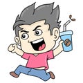 Happy faced boy running with a cup of coffee, doodle icon image kawaii