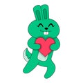 Happy faced bunny walking with love, doodle icon image kawaii