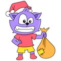 Happy-faced cat carrying a sack of christmas gifts, doodle icon image kawaii