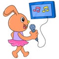 A happy faced lady bunny singing karaoke, doodle icon image kawaii