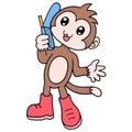 Happy faced monkey is communicating via cellphone, doodle icon image kawaii