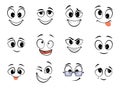 Happy faces expressions. Funny mouthes and eyes emotions, face sketch cartoon caricatures joy design elements kit